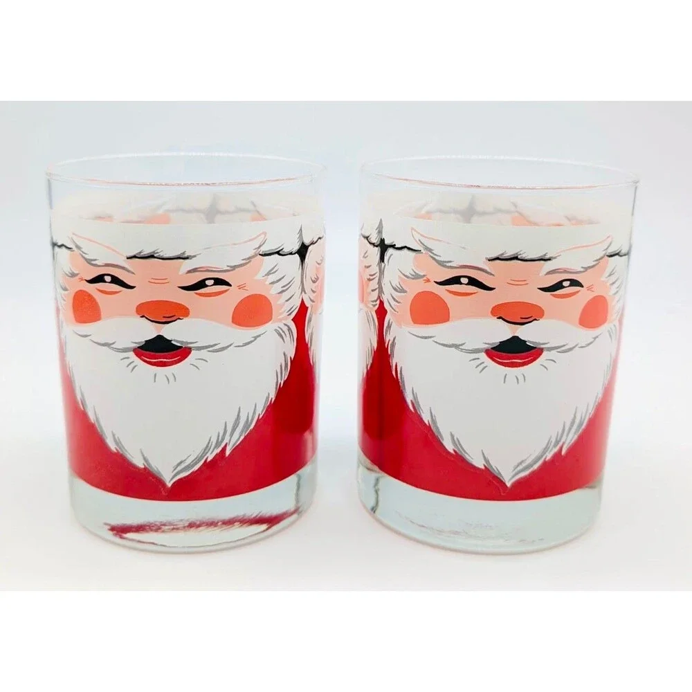 Vintage MCM Georges Briard Santa Claus Face Low Ball Glasses Set of 2 